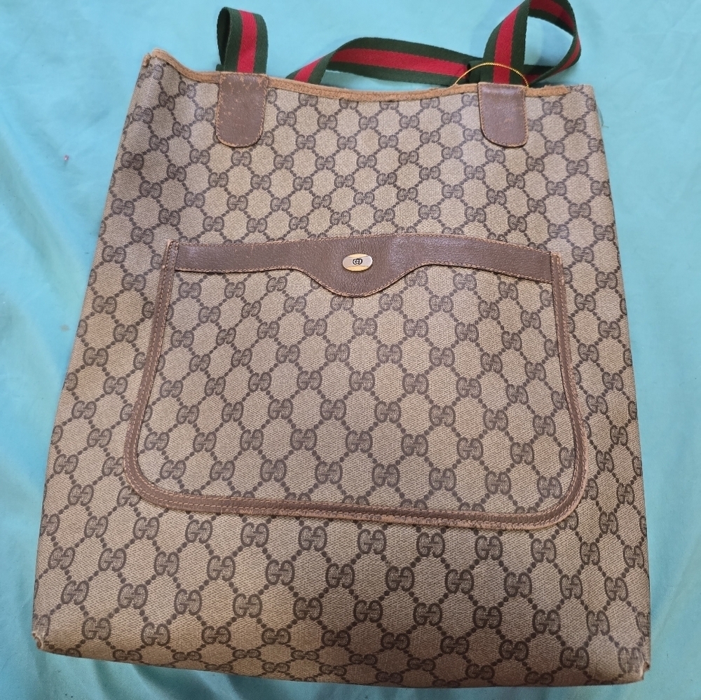 Gucci Monogram Tote Bag with Sherry Line Red and Green Straps - Picture 6 of 14